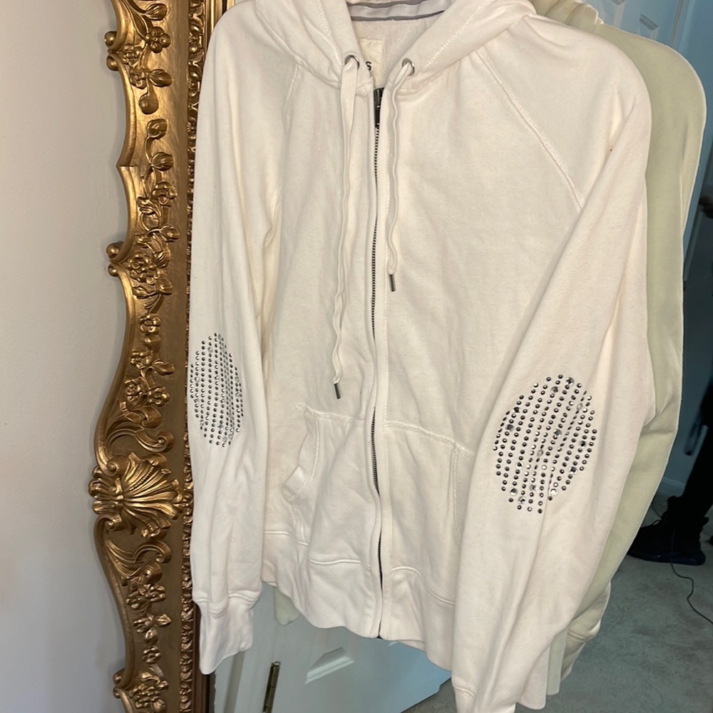 Express White Zip Up VINTAGE Hoodie With Rhinestone Elbows Medium